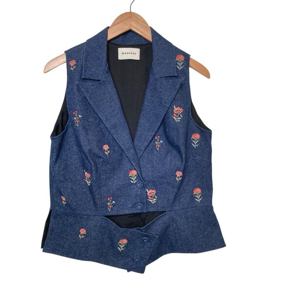 Moonray Floral Embroidered Denim Vest Womens Size Medium Blue NEW - Picture 1 of 13